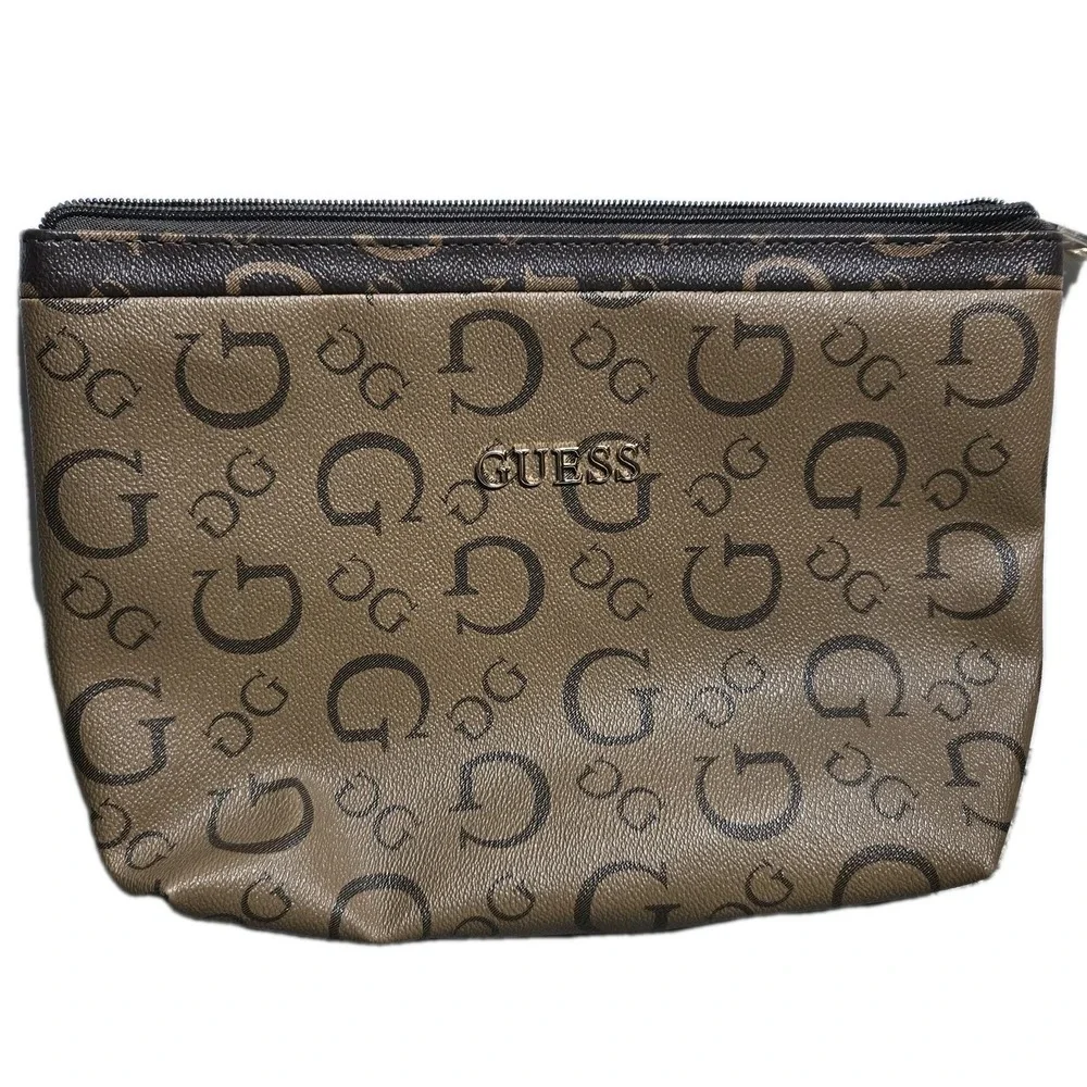 GUESS‎ Make Up Cosmetic Bag Zip Top Closure Brown Tones Gold Tone Trim LOGO